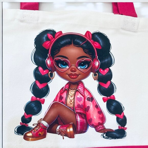 Large Magenta & White with Trendy Girl Graphic Canvas Tote - New - Picture 3 of 5